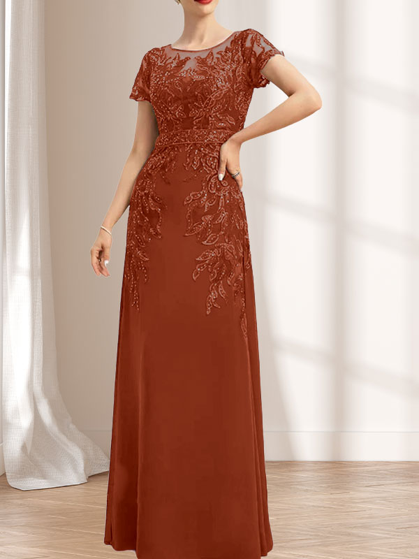 Vestido de madre de la novia de gasa con encaje, escote redondo, ilusión, largo hasta el suelo, con lentejuelas