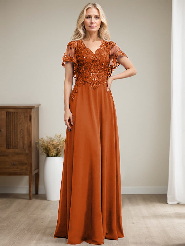 Vestido de madre de la novia de gasa con encaje, escote en V y lentejuelas, largo hasta el suelo