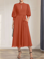 A-line High Neck Tea-Length Lace Chiffon Mother of the Bride Dress With Bow