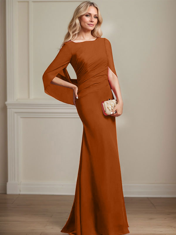 Vestido de madre de la novia de gasa con escote barco, corte trompeta/sirena, largo hasta el suelo, con pliegues