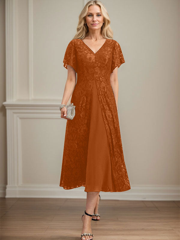 Vestido de gasa con encaje y escote en V para madre de la novia, largo hasta la rodilla