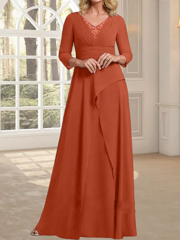 Vestido de gasa para madre de la novia con escote en V, largo hasta el suelo, con pliegues y cuentas