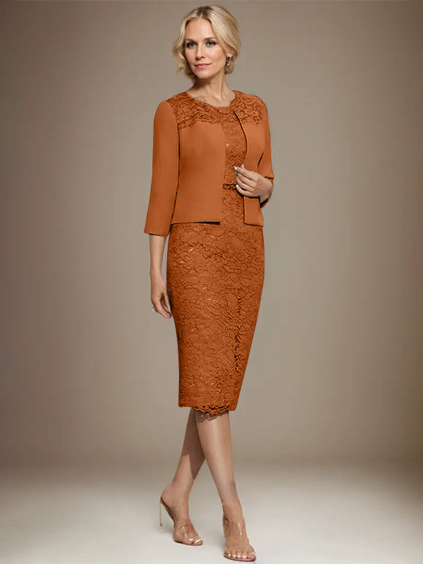 Vestido de gasa con encaje y cuentas para madre de la novia, largo hasta la rodilla, con escote redondo y corte columna