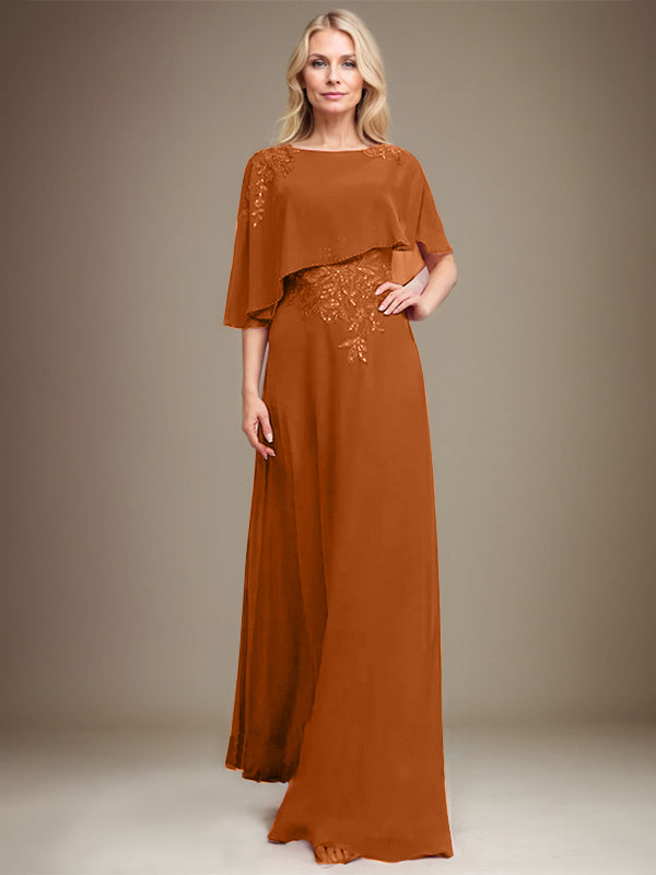 A-Linie U-Ausschnitt Bodenlang Chiffon Spitze Kleid für die Brautmutter mit Pailletten und Perlen 