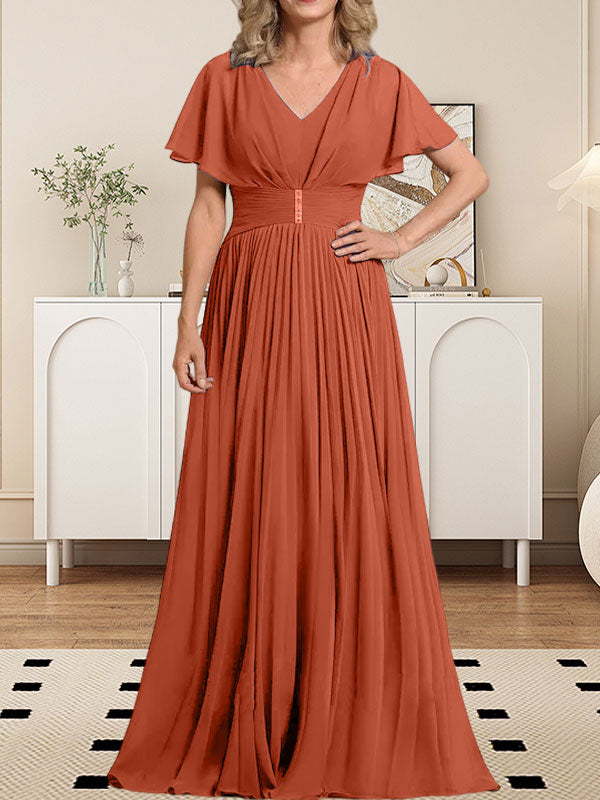 Vestido de gasa para madre de la novia, corte A, escote en V, largo hasta el suelo, con broche de cristal y plisado