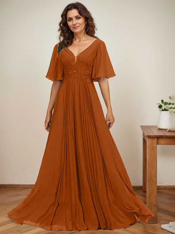 Vestido de gasa para madre de la novia, corte A, escote en V, largo hasta el suelo, con apliques de lentejuelas y encaje plisado