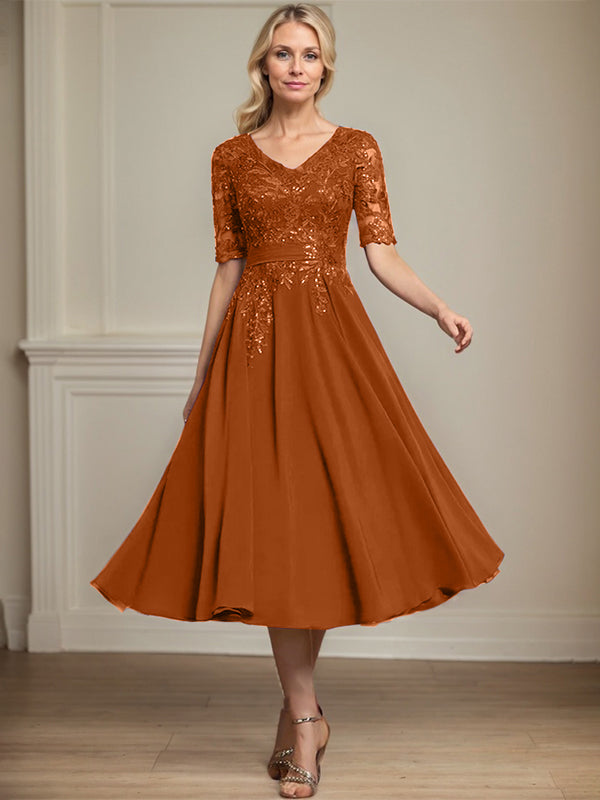 Vestido de gasa con encaje y lentejuelas para madre de la novia, corte A, escote en V y largo hasta la rodilla