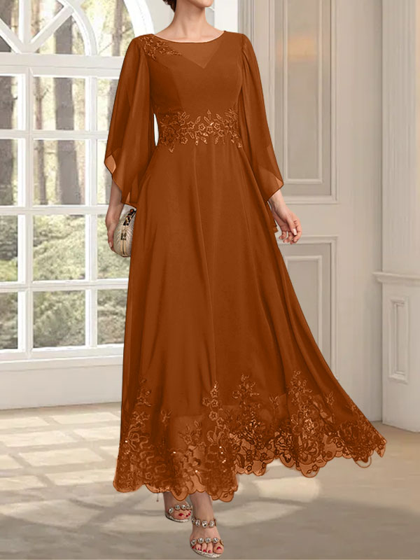 Vestido de gasa con encaje y lentejuelas para madre de la novia, corte A, escote ilusión, largo hasta los tobillos