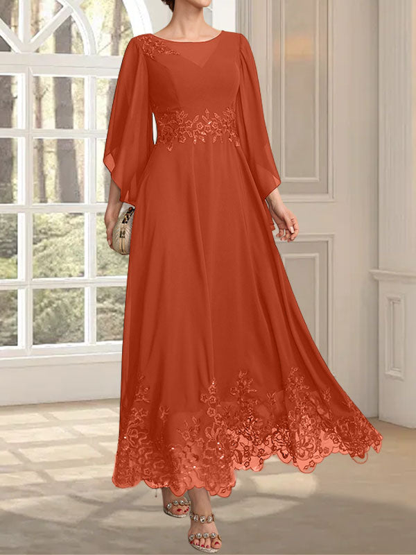 Vestido de gasa con encaje y lentejuelas para madre de la novia, corte A, escote ilusión, largo hasta los tobillos