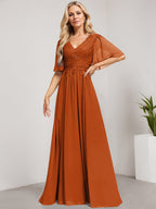 Vestido de madre de la novia de gasa con encaje, escote en V y lentejuelas, largo hasta el suelo