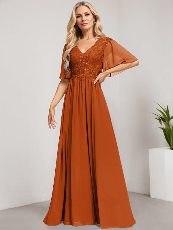 Vestido de madre de la novia de gasa con encaje, escote en V y lentejuelas, largo hasta el suelo