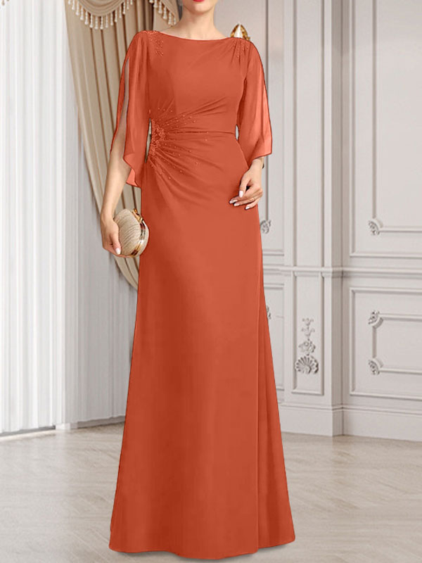 Vestido de gasa para madre de la novia con corte tubo/columna, escote redondo y largo hasta el suelo, con cuentas plisadas