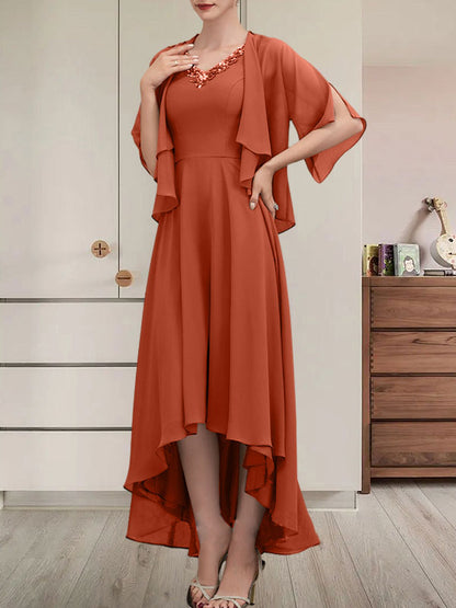 A-Linien-Kleid mit V-Ausschnitt, asymmetrischem Chiffon für die Brautmutter mit Perlen und Pailletten