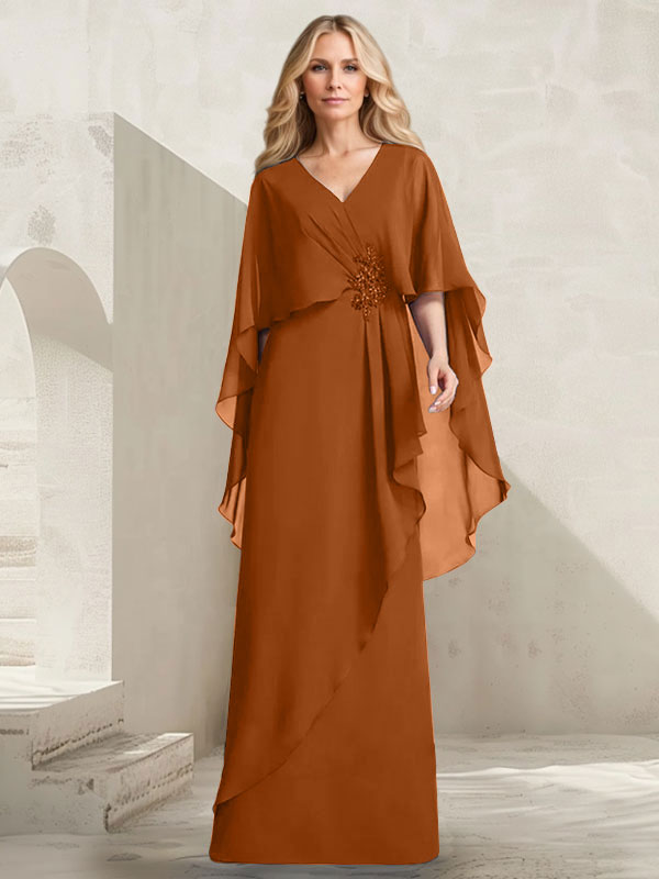 Vestido de gasa para madre de la novia con escote en V, corte A y largo hasta el suelo, con volantes en cascada y cuentas