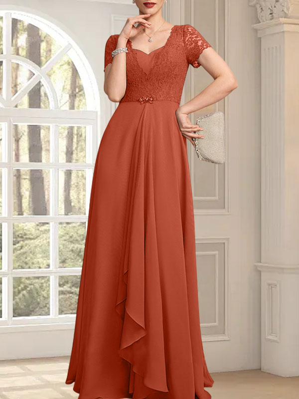 Vestido de madre de la novia de gasa con encaje, corte en A, escote corazón, largo hasta el suelo, con volantes en cascada y cuentas