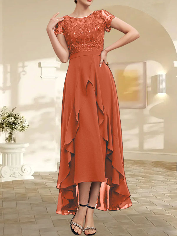 Vestido de madre de la novia de gasa asimétrica con escote en A, ilusión, encaje, lazo, volante y lentejuelas