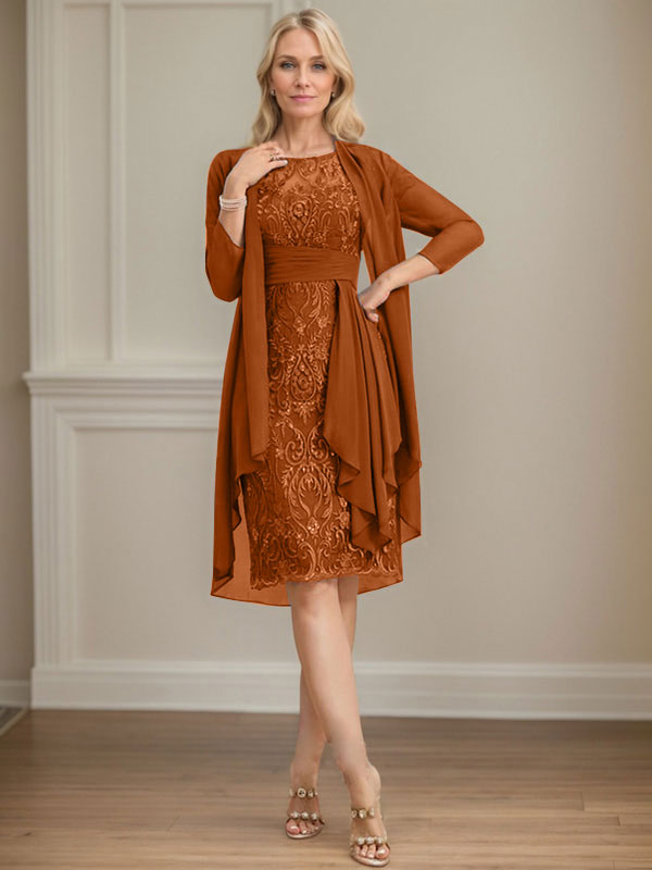 Vestido de madre de la novia de gasa con encaje, escote redondo, ilusión, largo hasta la rodilla, con volantes en cascada y lentejuelas