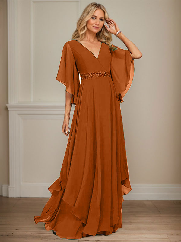 Vestido de gasa para madre de la novia, corte A, escote en V, largo hasta el suelo, con apliques de lentejuelas, encaje y abalorios