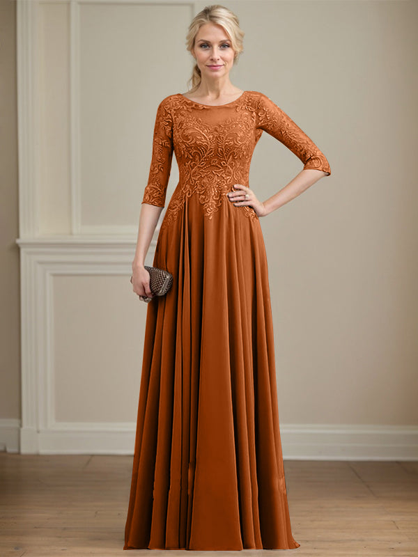 Vestido de gasa con encaje y lentejuelas para madre de la novia, corte A, escote ilusión, largo hasta el suelo