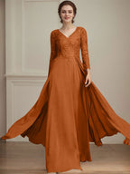 A-Linie V-Ausschnitt Bodenlanges Spitzen-Chiffon-Kleid für die Brautmutter mit Pailletten 