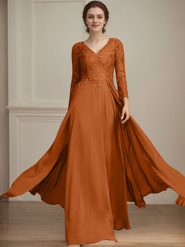 Vestido de madre de la novia de gasa con encaje, escote en V y lentejuelas, largo hasta el suelo