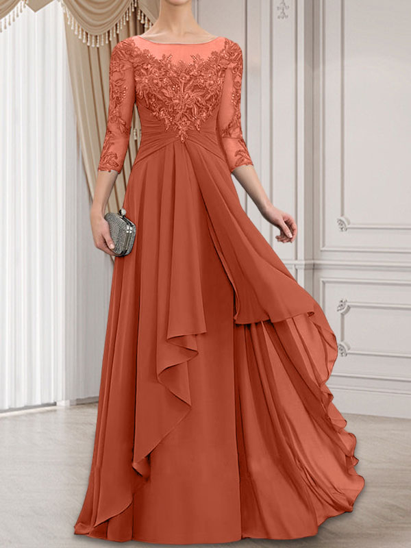 Vestido de gasa con encaje, corte A, escote ilusión, largo hasta el suelo, para madre de la novia con volantes en cascada