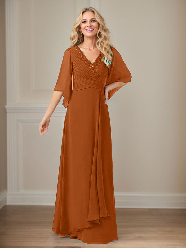 A-Linie V-Ausschnitt Lange Pailletten Chiffon Mutterkleid