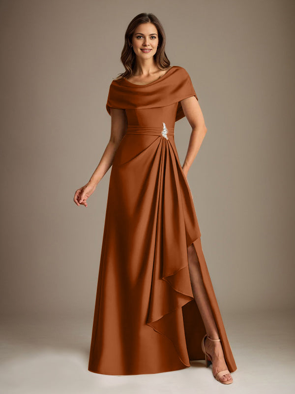 Vestido de madre de la novia de satén elástico, corte A, largo hasta el suelo, con escote redondo y volantes en cascada