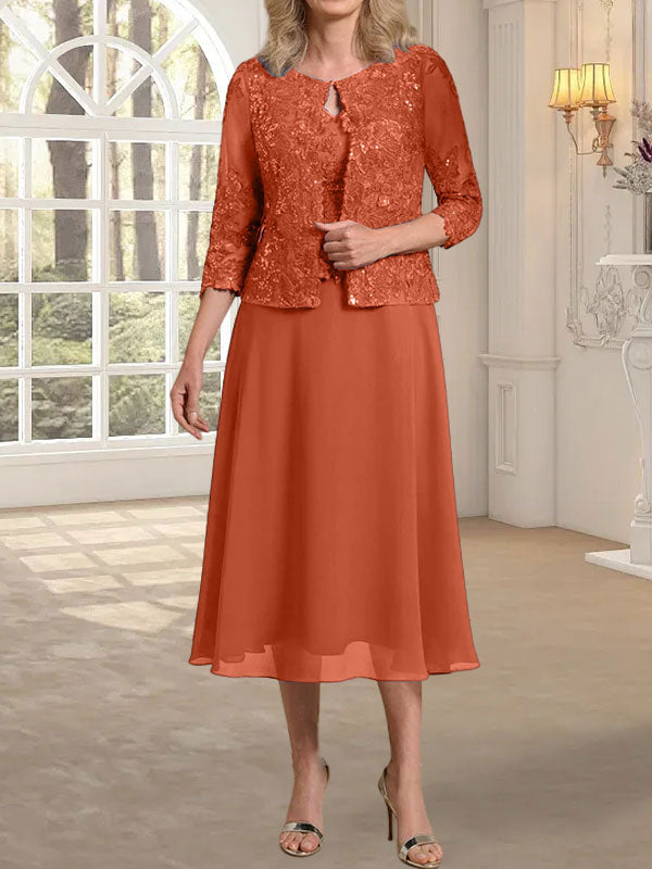 Vestido de gasa con encaje y lentejuelas para madre de la novia, corte A, escote redondo y largo hasta la rodilla