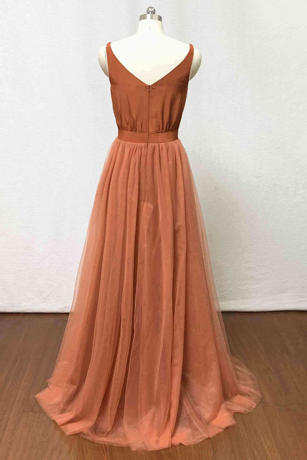 Vestido de dama de honor con escote redondo en naranja quemado SCB74