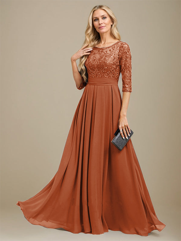 Vestido de madre de la novia de gasa con encaje, corte A, largo hasta el suelo y apliques de lentejuelas