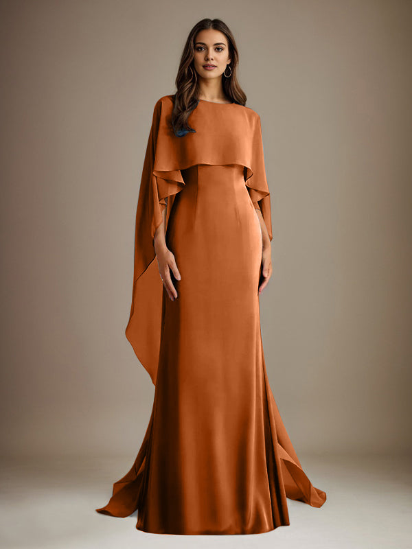 Vestido de gasa para madre de la novia, largo hasta el suelo, con escote barco y corte tubo/columna y volantes en cascada