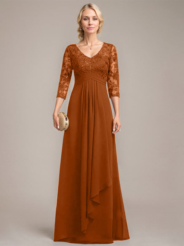 A-Linie V-Ausschnitt Bodenlanges Spitzen-Chiffon-Kleid für die Brautmutter mit kaskadierenden Rüschen und Pailletten 