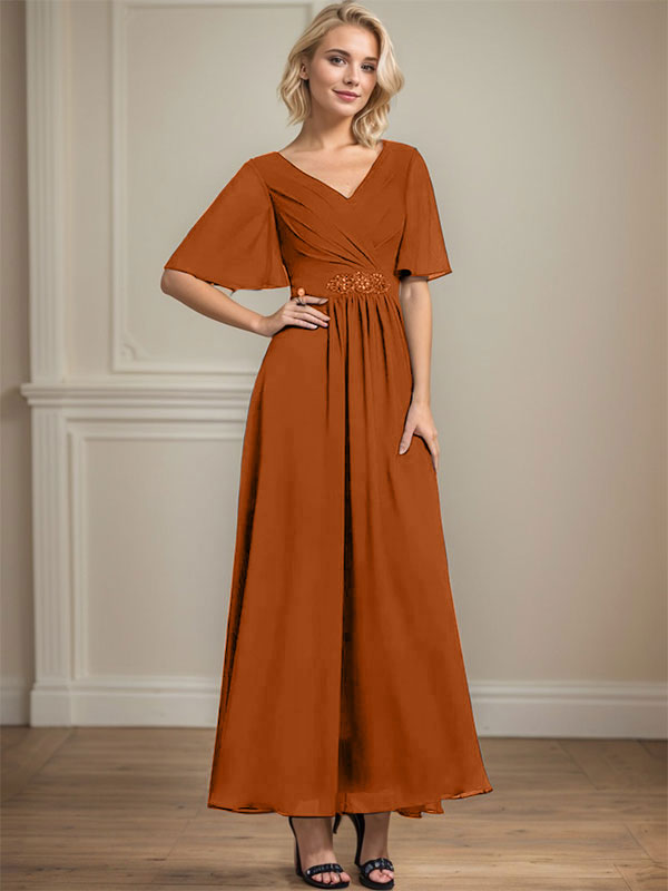 Vestido de gasa para madre de la novia con escote en V, largo hasta los tobillos, corte A y lentejuelas plisadas con cuentas