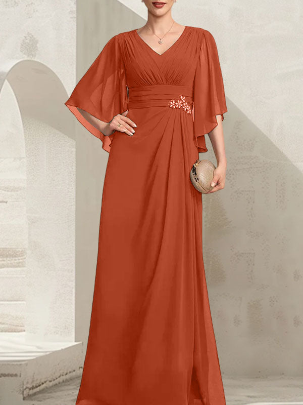 Etui-Linie/Säule V-Ausschnitt Bodenlang Chiffon Kleid für die Brautmutter mit Plissee Pailletten Perlenbesatz