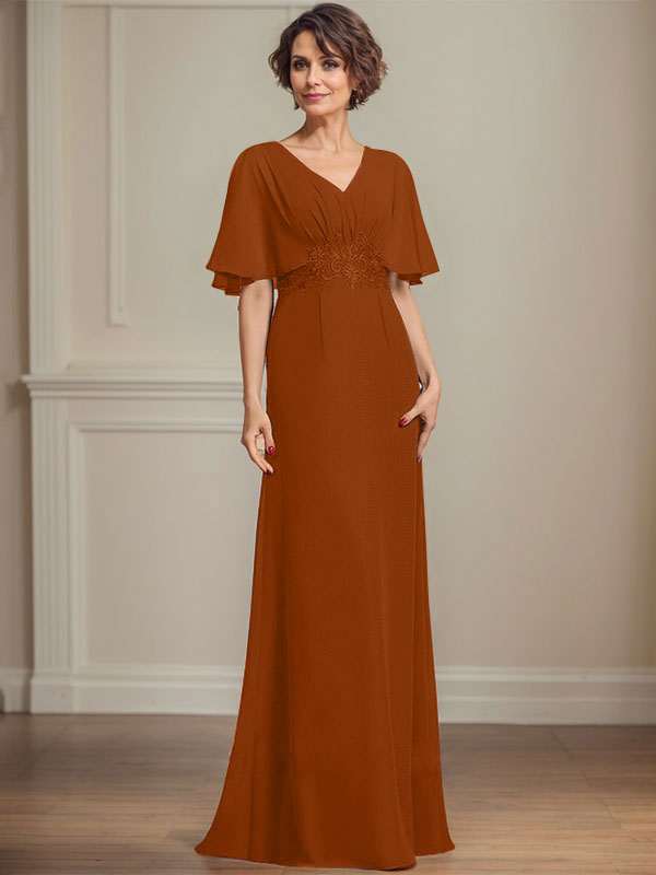 A-Linie V-Ausschnitt Bodenlanges Chiffonkleid für die Brautmutter mit plissierten Paillettenapplikationen Spitze