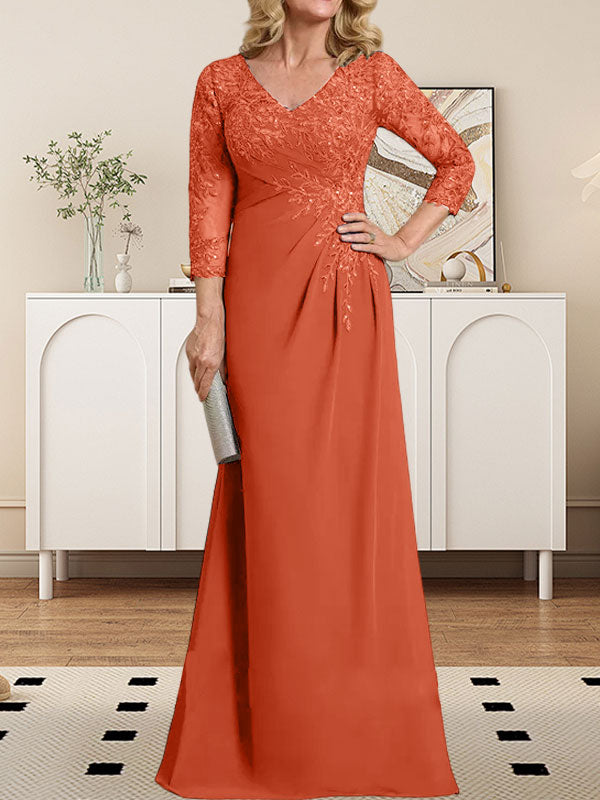 Vestido de madre de la novia de gasa con encaje, escote en V, ilusión, largo hasta el suelo, con lentejuelas plisadas