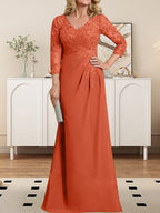 Vestido de madre de la novia de gasa con encaje, escote en V, ilusión, largo hasta el suelo, con lentejuelas plisadas