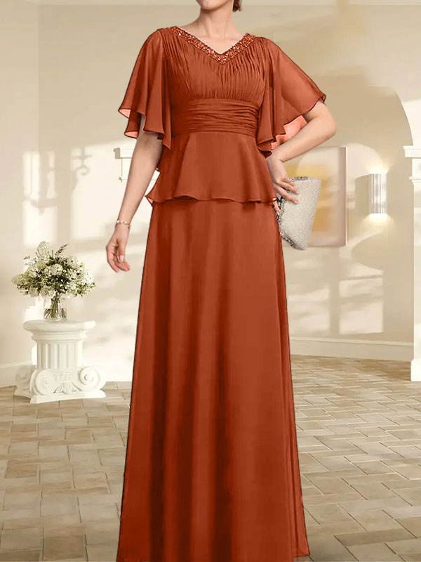 A-Linien-Kleid aus Chiffon mit V-Ausschnitt und bodenlangem Schnitt für die Brautmutter mit plissierten Perlen