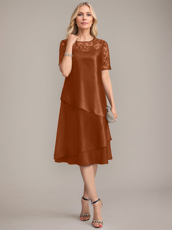 Vestido de madre de la novia con corte en A, escote redondo y largo hasta la rodilla, con apliques y lentejuelas
