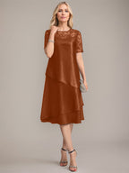 Vestido de madre de la novia con corte en A, escote redondo y largo hasta la rodilla, con apliques y lentejuelas
