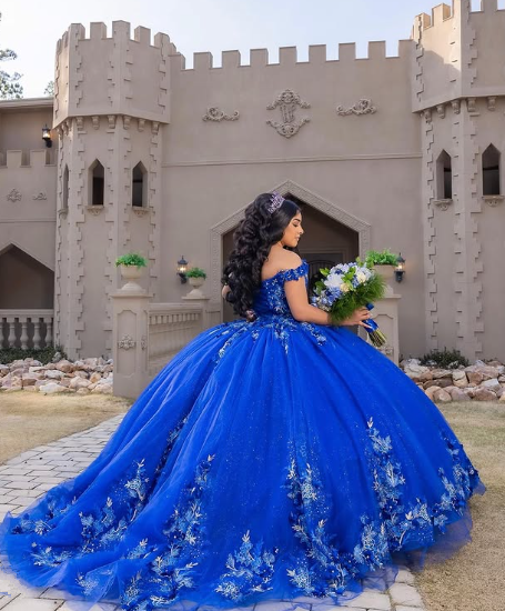 Vestido de quinceañera azul rey con flores 3D y escote corazón para fiesta de graduación de 15 y 16 años Y2821