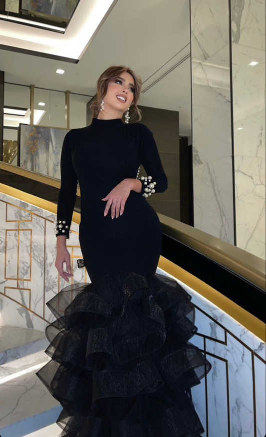 Vestido de noche negro con falda abullonada, manga larga, satén, corte sirena, estilo Dubái, para fiesta formal de noche, Y4908
