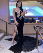 Vestidos de fiesta de terciopelo negro, largos, estilo sirena, formales, de noche, Y6518