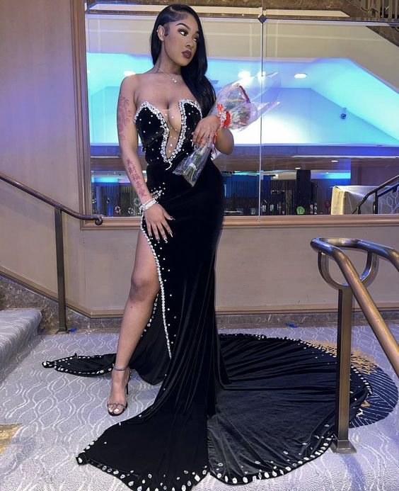 Vestidos de fiesta de terciopelo negro, largos, estilo sirena, formales, de noche, Y6518