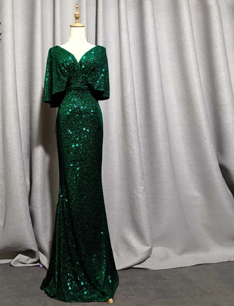 Vestido de noche sexy de sirena con escote en V y mangas cortas, elegante vestido de fiesta formal con mangas murciélago y purpurina Y1390