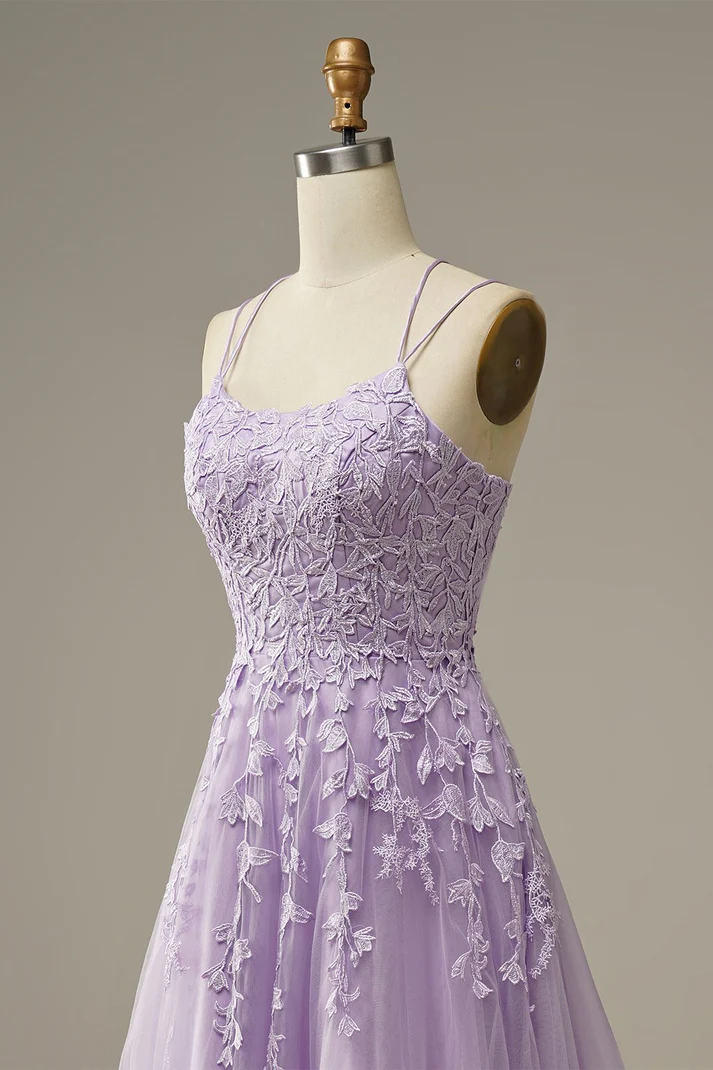 Elegantes vestidos de fiesta color lavanda, vestido de noche corte A, vestido de fiesta con apliques Y1129