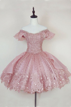 Vestido de fiesta corto con apliques de encaje rosa princesa Y2502
