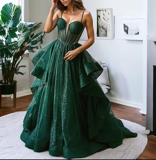 Vestido de noche verde brillante con corsé y corte en A Y6339