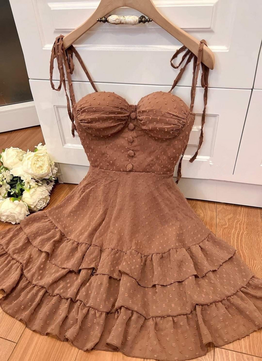Elegante vestido marrón de fiesta de bienvenida con corte en A, vestido de fiesta marrón Y2552